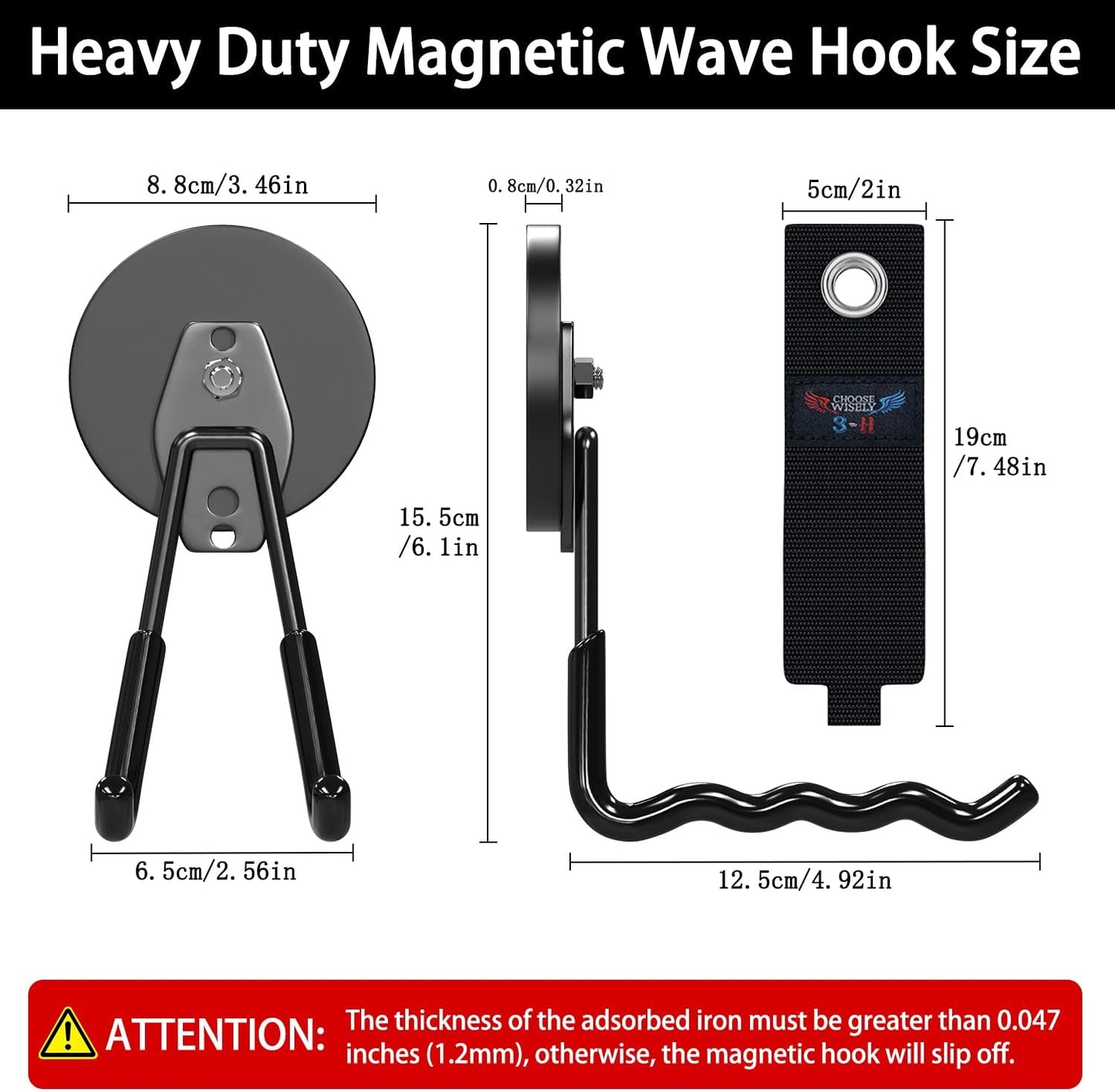 3-H Magnetic Wave Hooks Heavy Duty 4 Pack, Large Magnet Garage Hooks Heavy Duty and Strong Utility Magnetic Tool Holde for Hanging and organizing Garden Power Tool (Black