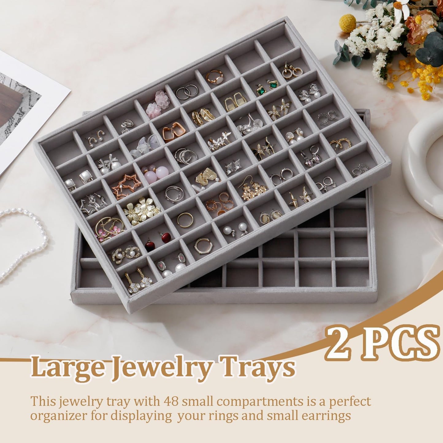 Large Velvet Jewelry Tray 2 Pack Stackable Jewelry Display Drawer Inserts Trays Organizer for Earring Bracelet Necklace Ring (Gray, 48 Grids)