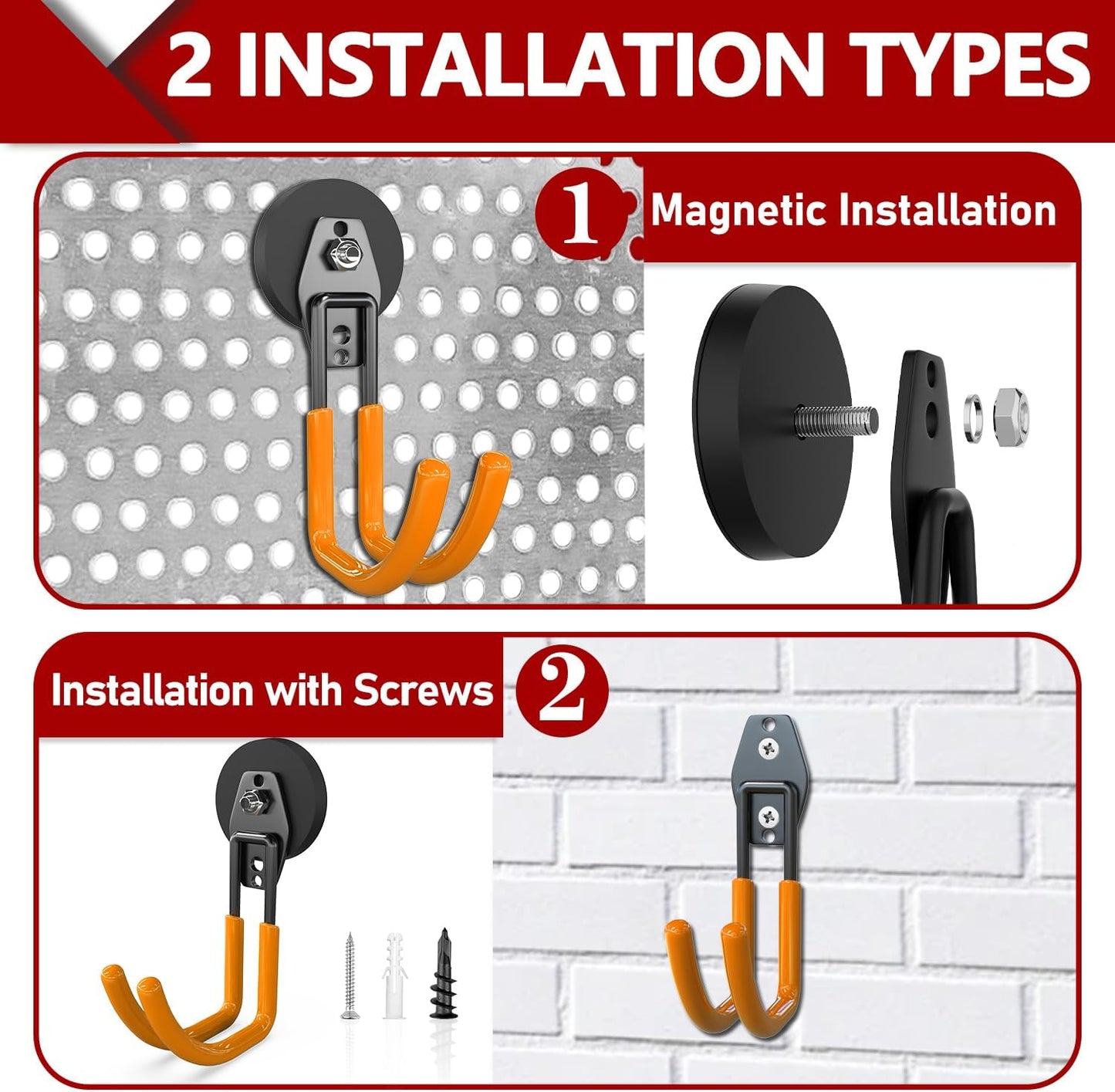 3-H Heavy Duty Magnet Garage Hooks 2 Pack, J Shape Strong Magnetic Hooks for Hanging Cordless Power Drill, Utility Magnetic Tool Holder for Metal Cabinet, Steel Pegboard, Toolbox, Garage(Orange)
