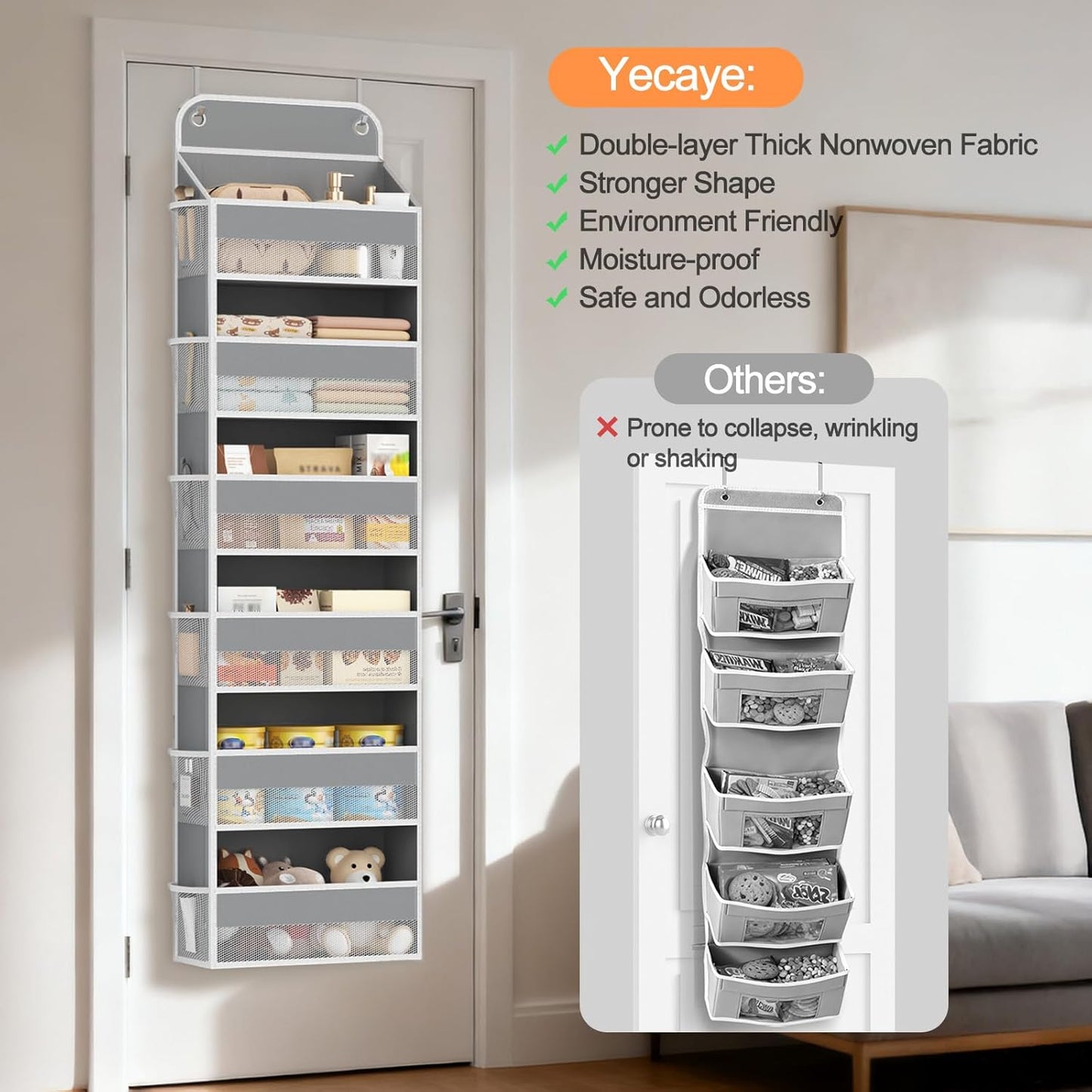 Yecaye 2 Pack Over The Door Organizer, 6-Tier Closet Door Hanging Organizer with 12 Mesh Pockets, Bathroom Organizers and Storage, Ultra Sturdy Large Capacity Over Door Storage Newborn Baby Essentials