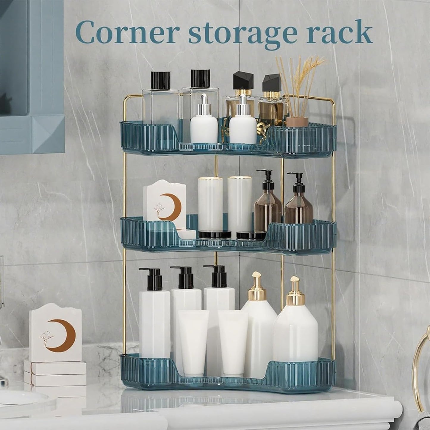 Corner Bathroom Countertop Organizer, Vanity Organizer Trays for Counter, Makeup Organizers, Perfume Tray, Skincare Shelf Storage Gifts for Women Girl Student (Blue, 3 Tiers)