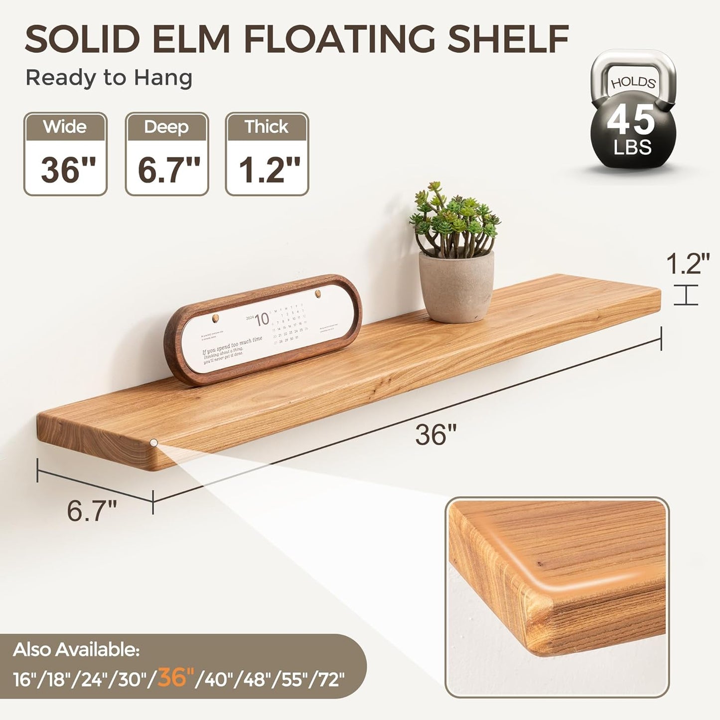 Fun Memories 36 Inch Floating Shelves for Wall, Solid Elm Wood Wall Shelf for Home Decor, Heavy-Duty Hardwood Floating Shelf for Bedroom, Bathroom, Living Room, Set of 2