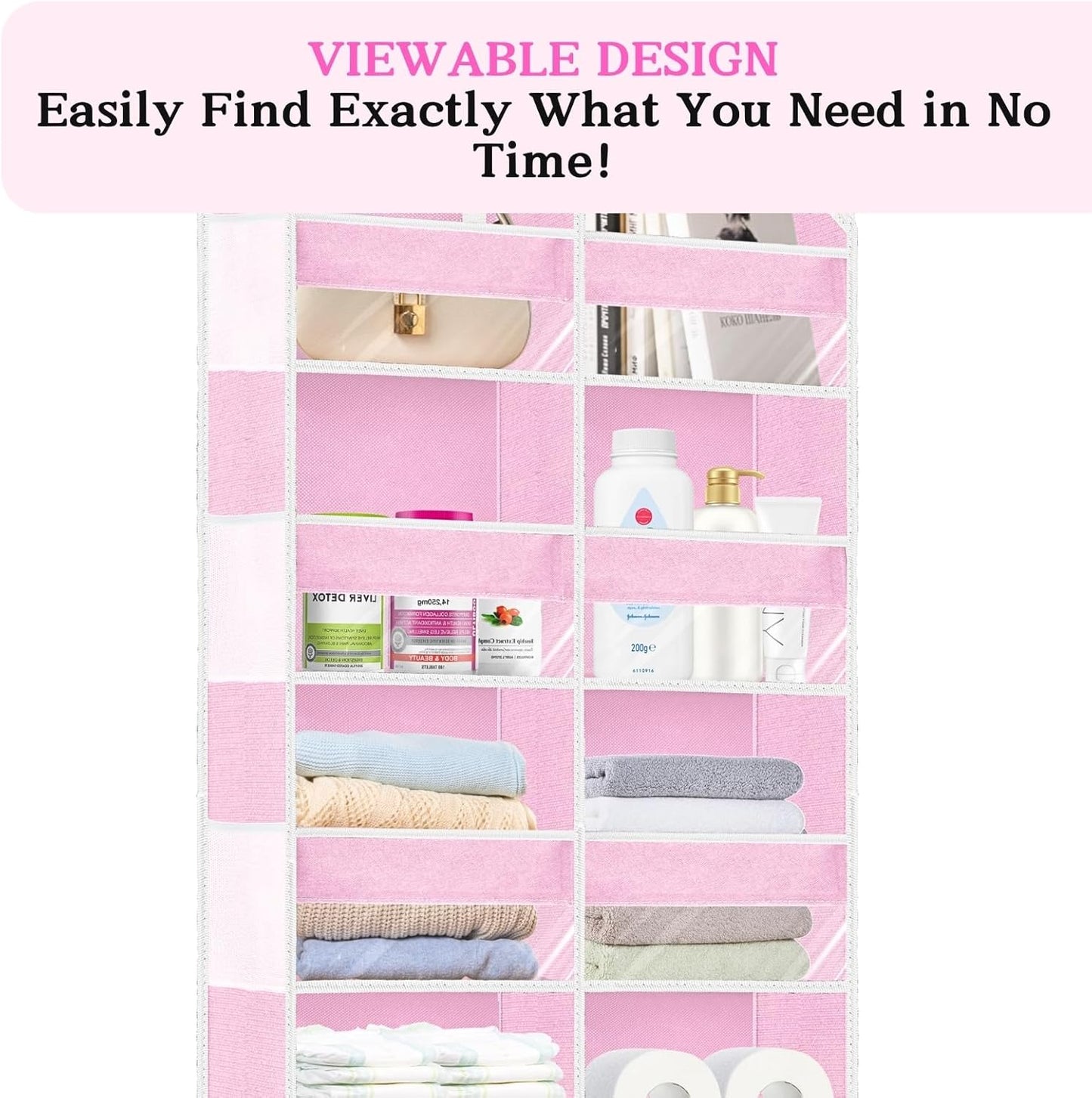 Over The Door Organizer 6 Tiers, Extra Large Behind Door Storage of 12 Compartments, 80 lbs Weight Capacity Hanging Storage Organizer with Clear Window Kids Toys,Shoes,Diapers,Room Storage,Pink