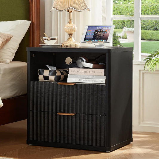LEYAOYAO Fluted Nightstand with Charging Station, 23" Wide 2 Drawers End Table,Black Night Stand with Open Storage Cabinet, Farmhouse Bed Side Tables, Wood Dresser for Bedroom, Living Room, Closet