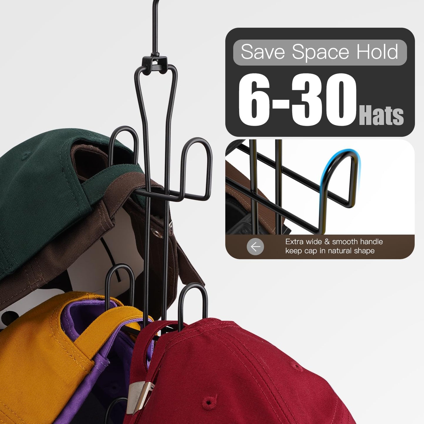 Hat Hanger 2pcs Metal Hat Storage For Baseball Caps,Rotatable Hat Organizer For Closet,Hat Rack With 6 Hooks Up to 30 Caps Hold,Black