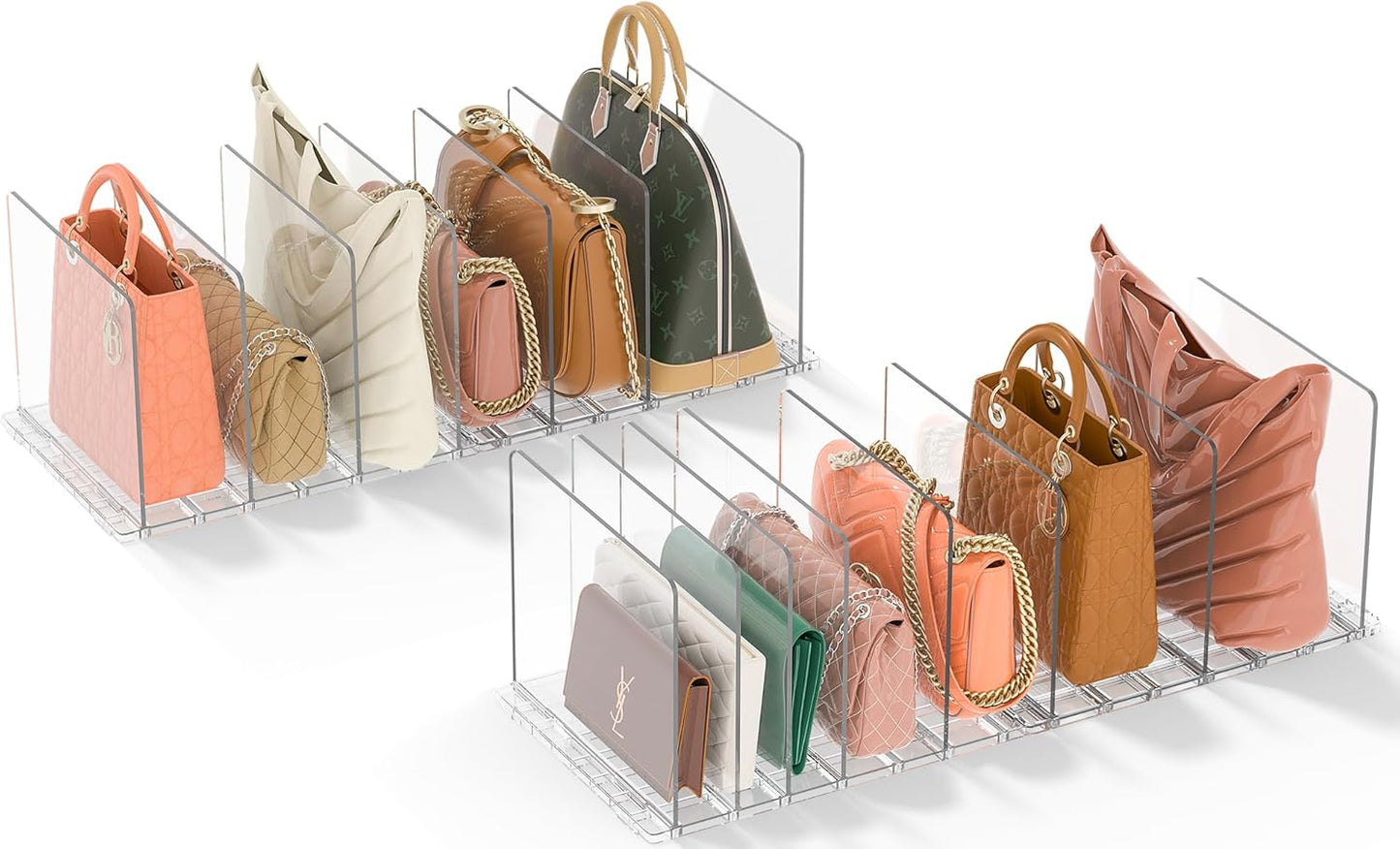 GoMaihe Bag & Purse Organizer for Closet: 4 Sets Adjustable Clear Handbag Storage Shelf - Plastic Clutch Dividers | Minimal | Keep Purses upright