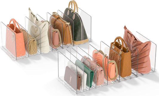 GoMaihe Bag & Purse Organizer for Closet: 4 Sets Adjustable Clear Handbag Storage Shelf - Plastic Clutch Dividers | Minimal | Keep Purses upright