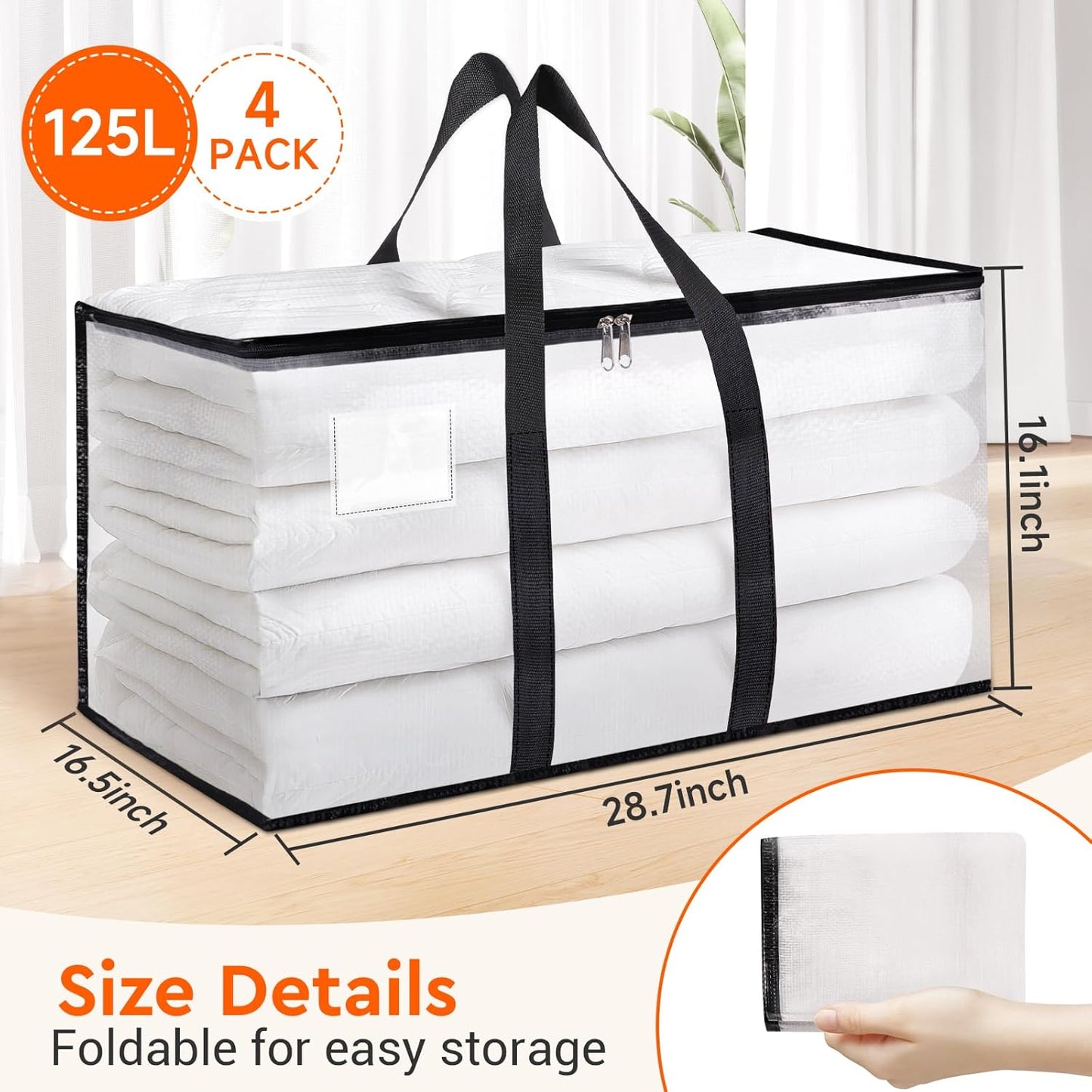 BlissTotes 4-Pack Heavy Duty Extra Large Clear Moving Bags, 125L, Reinforced Handles & Tag Pocket