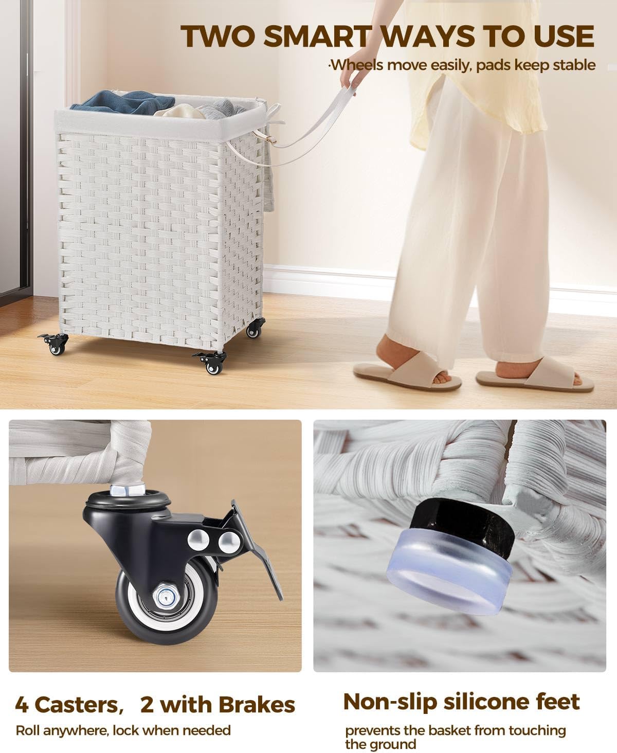 Greenstell Laundry Hamper with Wheels, No Install Needed, 90L Divided Handwoven Hampers & 2 Removable Liner Bags, Rattan Clothes Laundry Basket with Lid & Handles, Foldable Hampers White