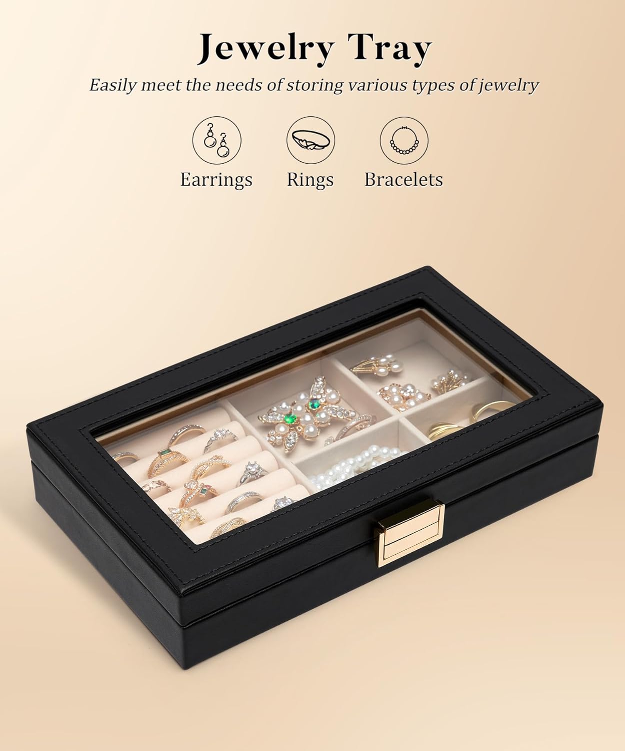 Homde Jewelry Tray Stackable Jewelry Box with Glass Lid, Removable Dividers for Vanity Table - Christmas Gift Idea for Girls and Women (Black)