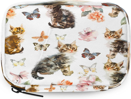 Watercolor Cute Cats Butterflies Pill Organizer Travel Medicine Case with Zipper Daily Vitamin Storage Bag Portable 8 Slot Weekly Pill Box Supplement Holder for Home Office Gym Travel