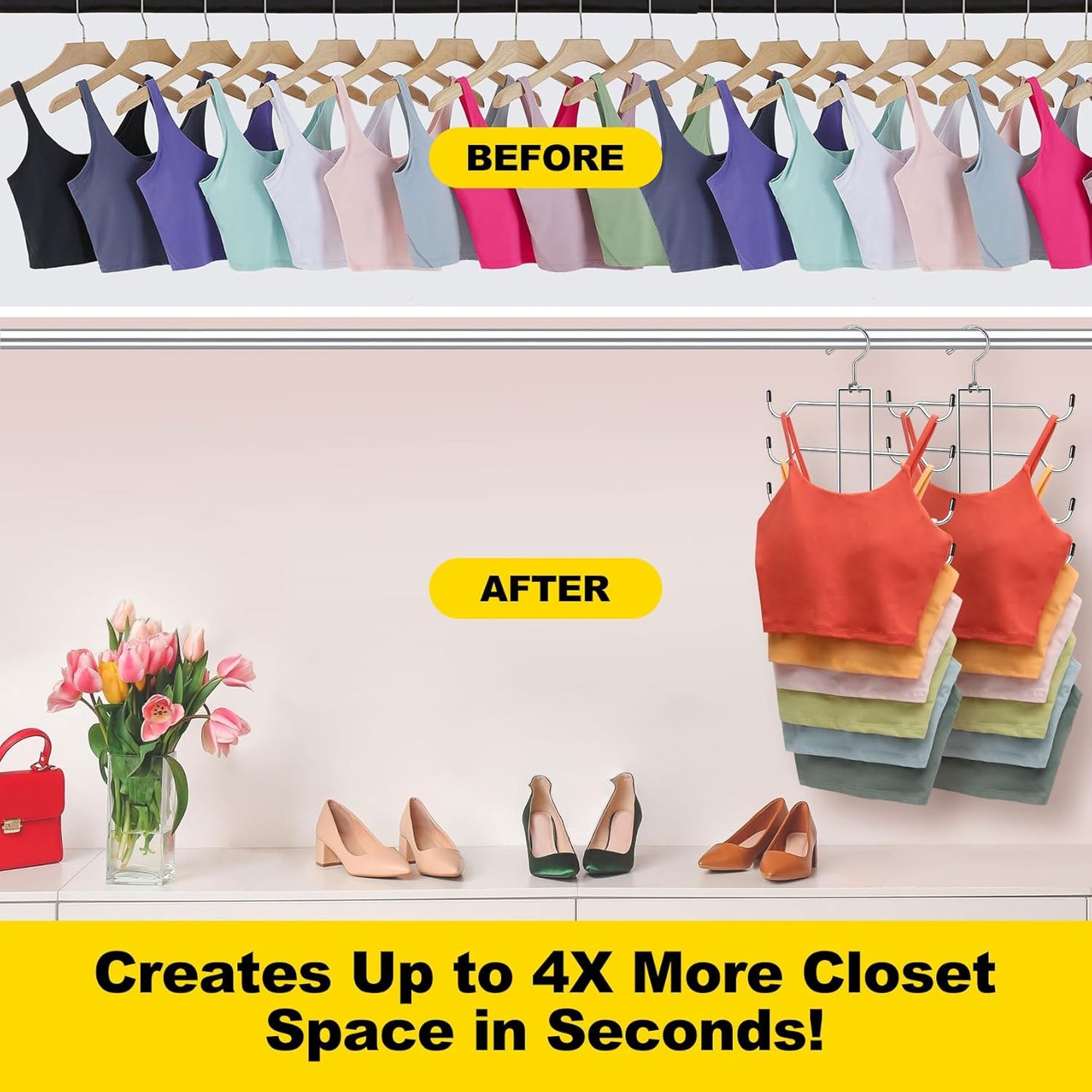 Tank Top Hanger, 6 Tier Space Saving Bra Hangers, Closet Organizers and Storage, Dorm Room Essentials for Girls, Organization for Camisoles Sports Bras Strappy Dress Swimsuits Ties, 2 Pack