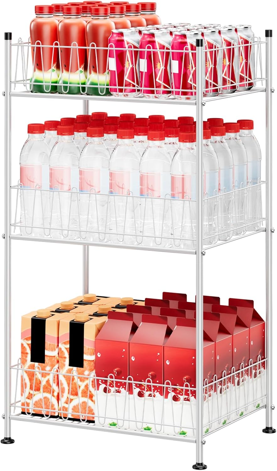 ETELI Water Bottle Storage Organizer 3 Tier Freestanding Water Bottle Holder Rack Stand Metal Drink Soda Can Organizer Beverage Shelf for Floor Pantry Kitchen Food Storage, Silver