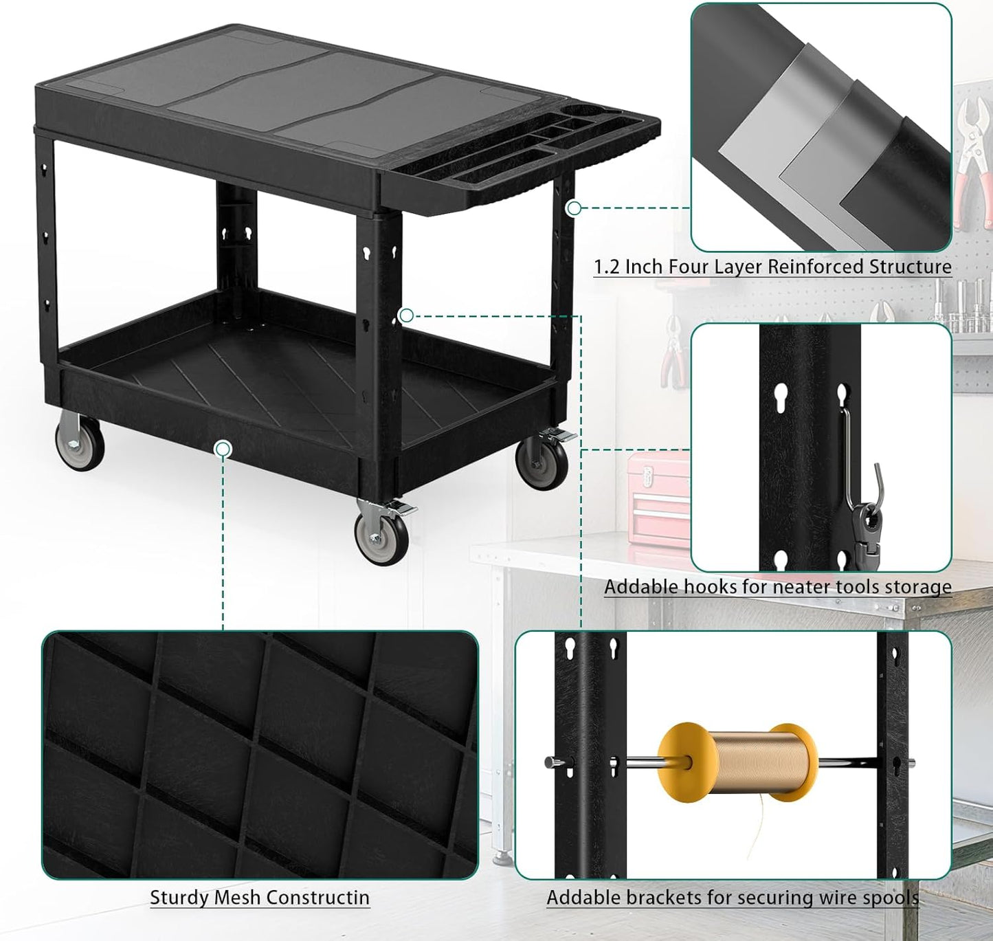 Heavy Duty Utility Rolling Tool Cart, 1000 lbs Capacity Flat Top Plastic Rolling Carts with 360°Swivel Wheels, 46 x 25 Inch Service Cart, 2 Shelf Work Cart for Warehouse,Garage, Cleaning, Black