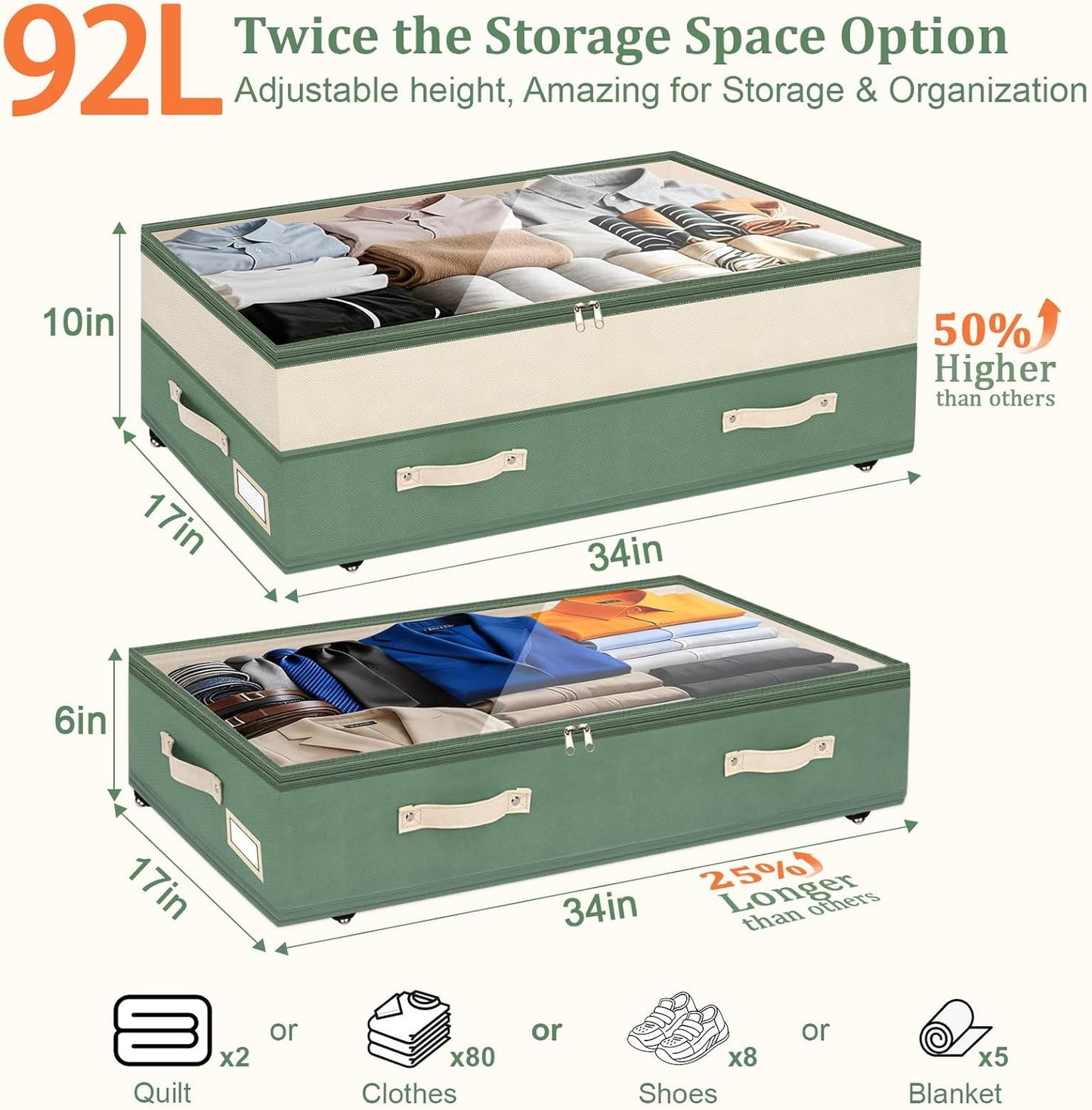Dolicer 4 Pack Under Bed Storage with Wheels, 6in-10in Height Adjustable Underbed Storage Containers, 92L XXXL Under Bed Drawers Rolling Bin with Clear Lids for Dorm Shoes Clothes Organizers(Green)