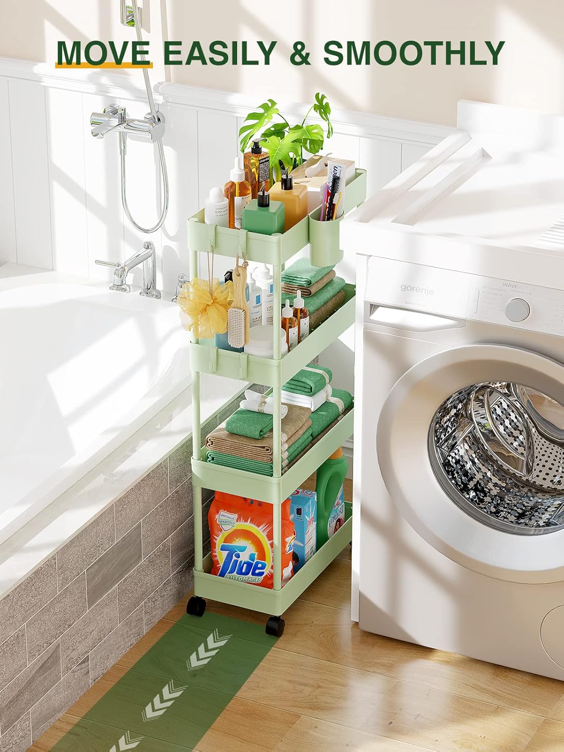 LEHOM Slim Rolling Storage Cart - 4 Tiers Bathroom Organizer Utility Cart Slide Out Storage Shelves Mobile Shelving Unit for Kitchen, Bedroom, Office, Laundry Room, Small Narrow Spaces, Green