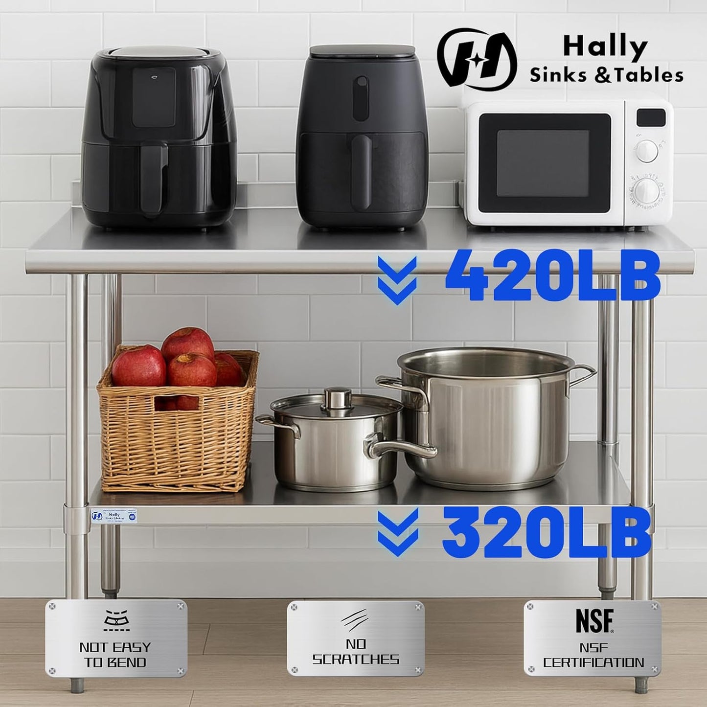Hally Stainless Steel Table for Prep & Work 24 x 30 Inches, NSF Commercial Heavy Duty Table with Undershelf and Backsplash for Restaurant, Home and Hotel