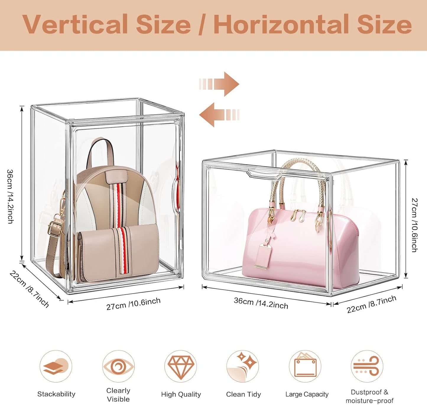 5 Packs Clear Handbag Storage Organizer for Closet, Purse Organizer Acrylic Display Case for Handbag, Stackable Storage Box with Magnetic Door for Wallet Book Toys Collectibles