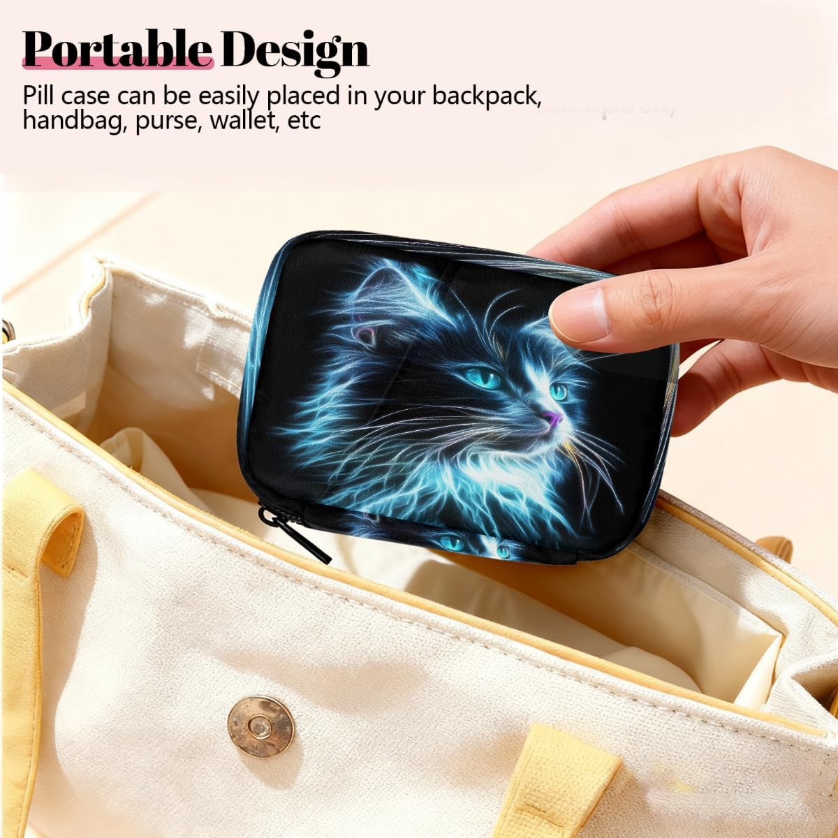 Abstract Art Neon Cat Pill Organizer Travel Medicine Case with Zipper Daily Vitamin Storage Bag Portable 8 Slot Weekly Pill Box Supplement Holder for Home Office Gym Travel
