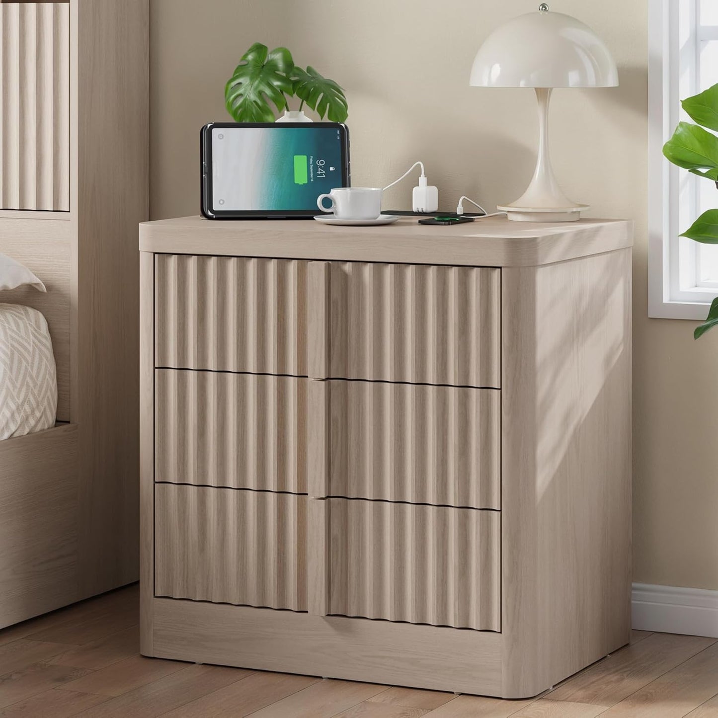 Fluted Nightstand with Charging Station, 23.6" Night Stand with Solid Wood Handle, Mid Century Modern Bedside Table End Table 3 Drawer Dresser for Bedroom, Living Room, White Alder
