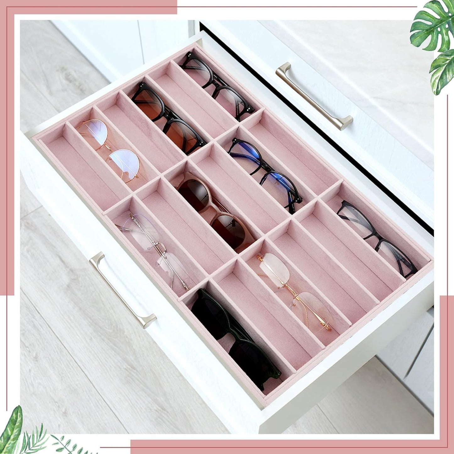 Amylove 2 Pcs Sunglass Organizer Trays Glasses Stackable Jewelry Trays Sunglass Organizer Display Box (18 Grids,Pink)