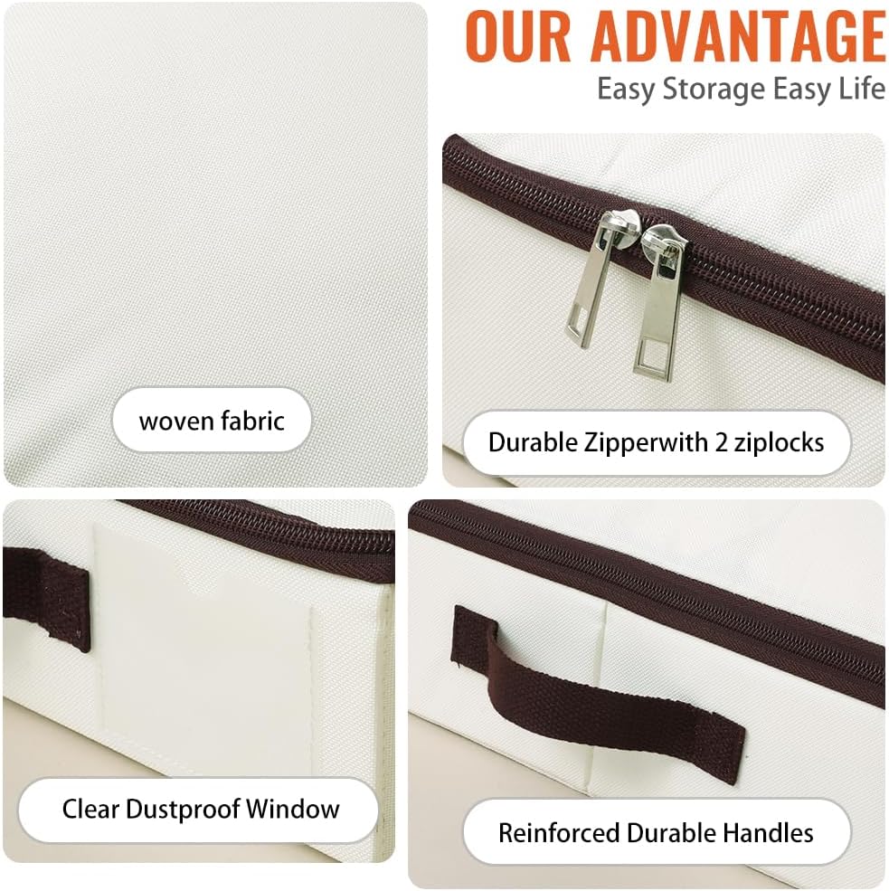 AMJ 4" Foldable Underbed Storage Closet Organizers and storage bins, Under Bed Garment Storage Bins, Folding & Washable, Soft Zip Lid, Beige