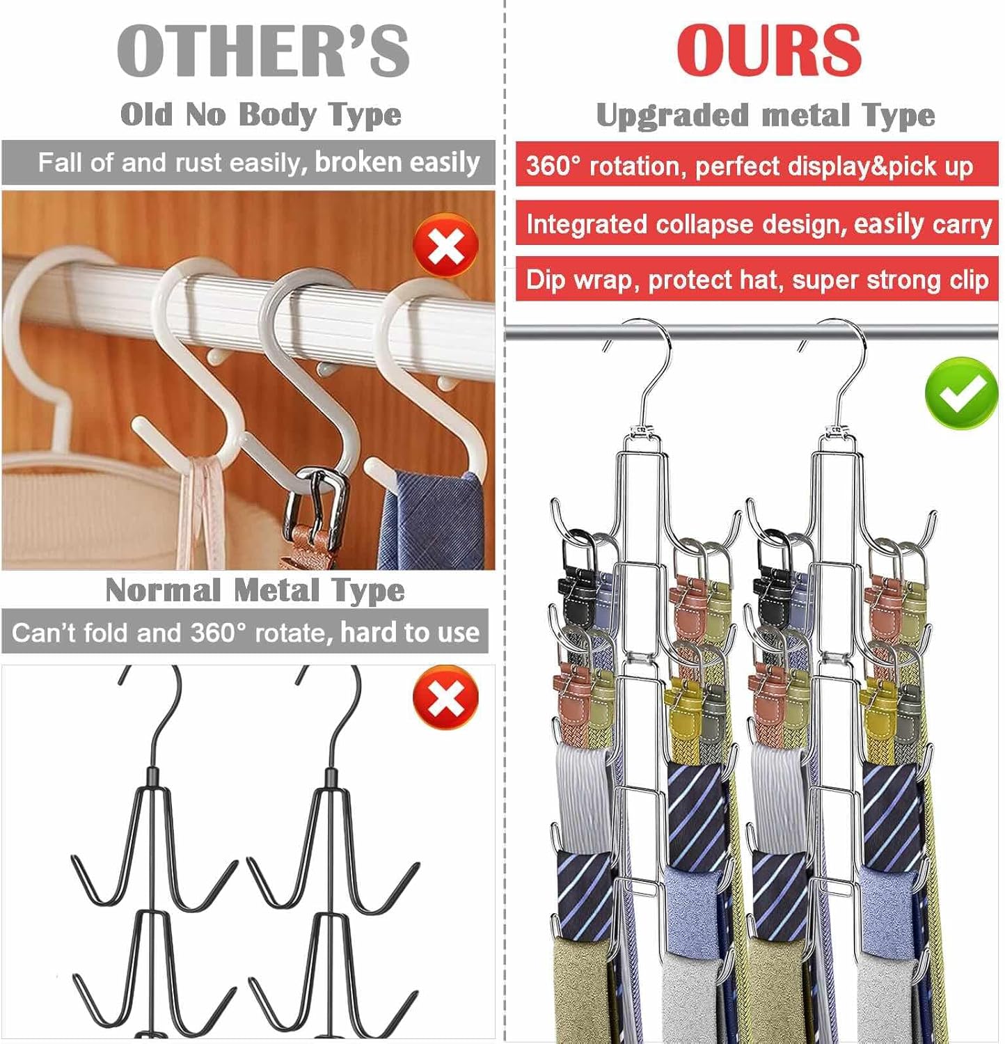 Collapsible Tie Rack Belt Organizer for Closet, Upgraded Dual-Use Belt Tie Hanger with 10 Large Hooks, Storage Up to 80 Items, Rotatable Space Saving Hanger for Closet Organizers and Storage