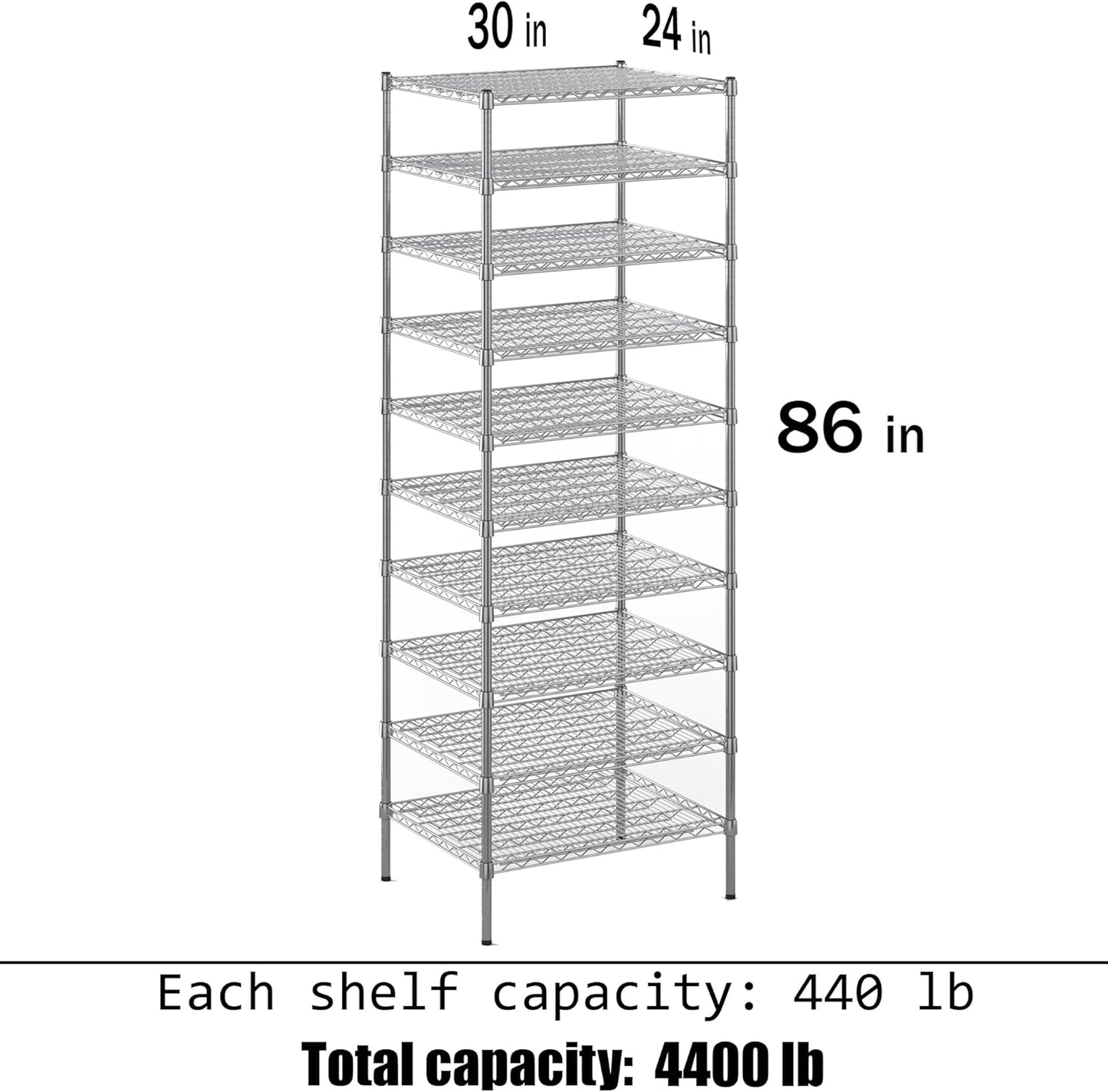 24" Deep x 30" Wide x 86" Height Wire Shelving Kit | 10-Tier | NSF Commercial Storage Rack Unit