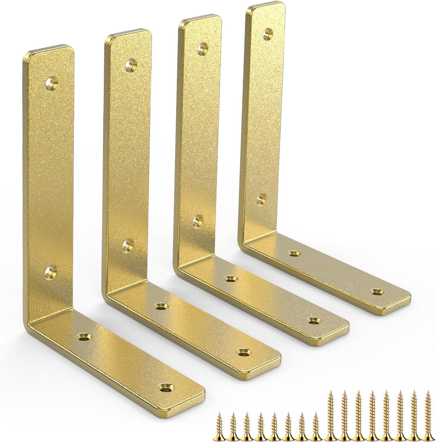 Gold Heavy Duty Shelf Brackets 8 Inch, Extra Thick L Shelving Brackets, Rustic Gold Iron Floating Shelves Wall Mounted with Hardware for DIY Open Shelving, 4 Pack