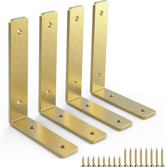 Gold Heavy Duty Shelf Brackets 8 Inch, Extra Thick L Shelving Brackets, Rustic Gold Iron Floating Shelves Wall Mounted with Hardware for DIY Open Shelving, 4 Pack