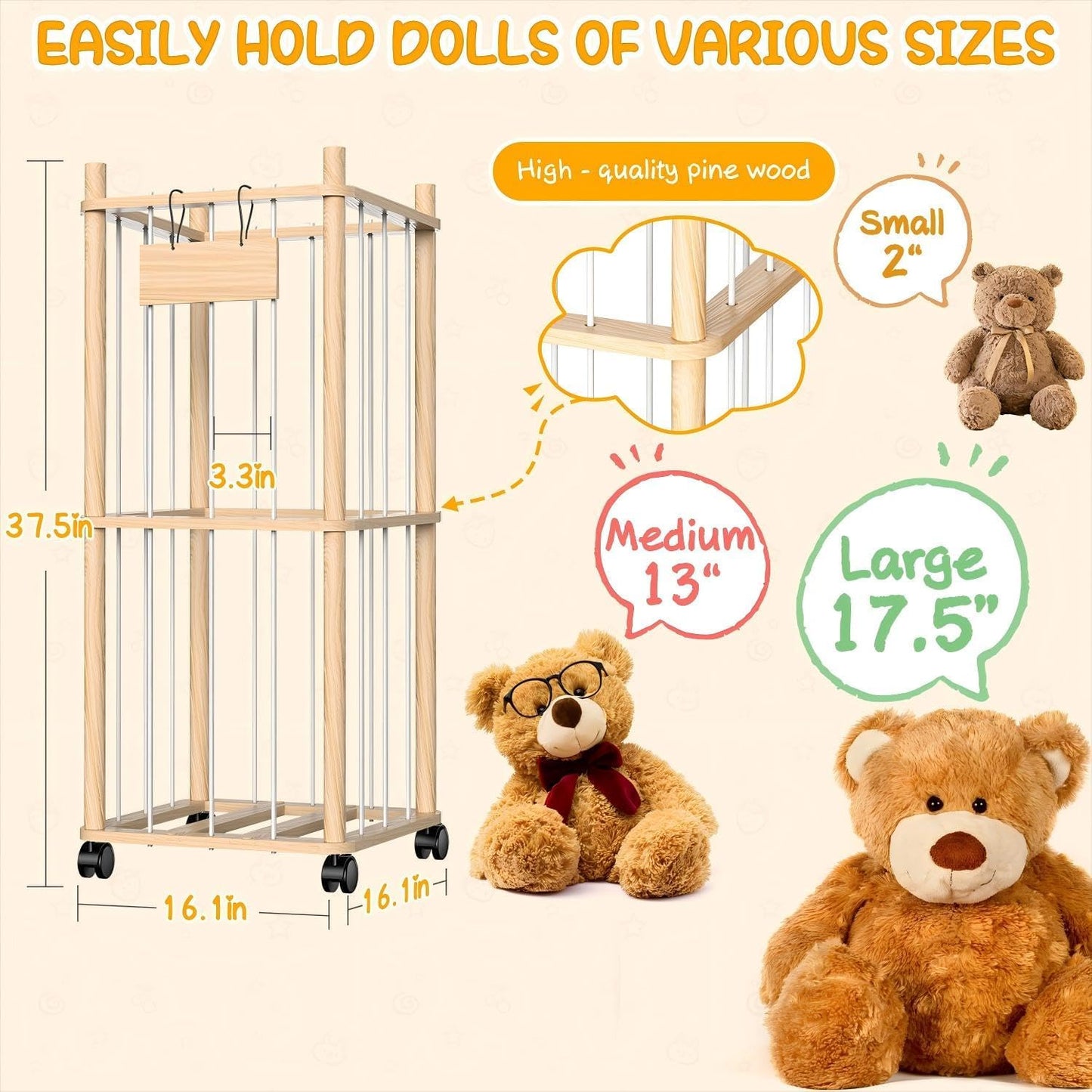Stuffed Animal Storage & Holder, Natural Pine Wood Plushies Storage with Wheels, Large Capacity Stuffed Animal Zoo with Elastic Cord, Space Save Toy Organizer for Playroom Bedroom & Toddler Room