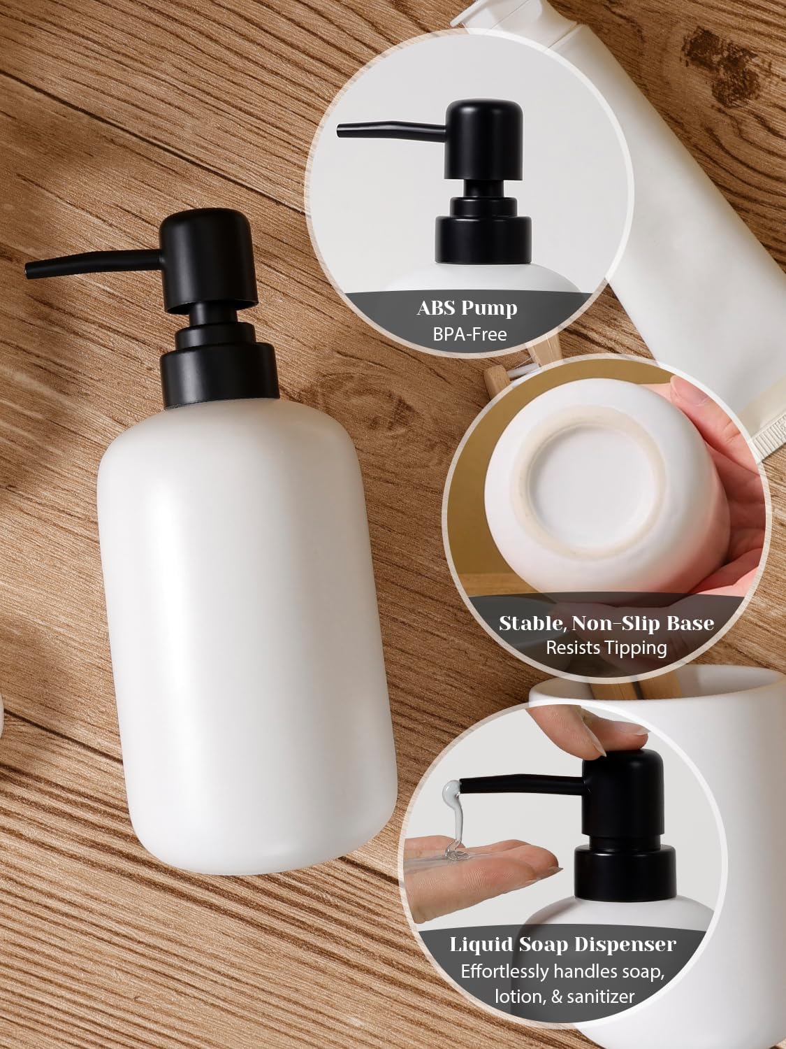 INGOFIN 3 Pcs Ceramic Bathroom Accessory Set - Liquid Soap Dispenser, Toothbrush Holder & Tray, Bathroom Counter Set, Countertop Essentials for Home, Guest Bathroom, or Office Use, White
