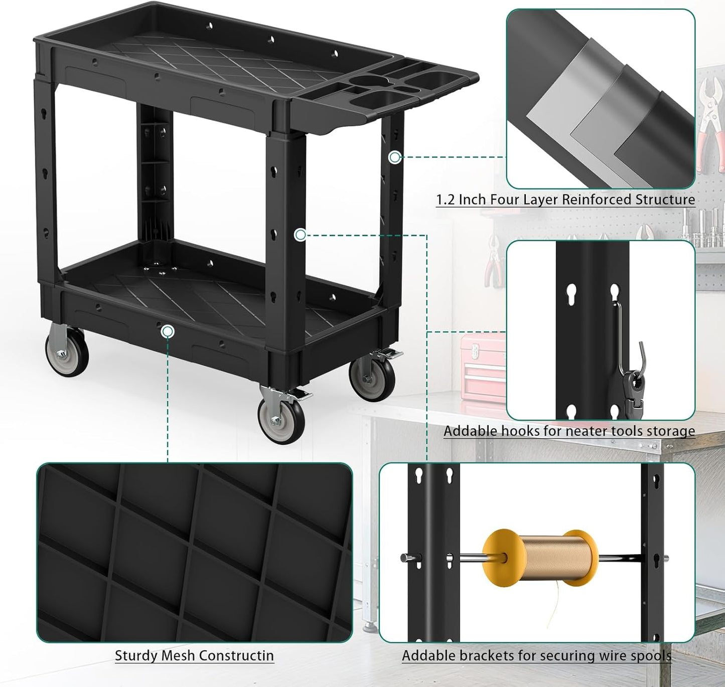 Heavy Duty Utility Rolling Tool Cart, 550 lbs Capacity Plastic Rolling Carts with 360°Swivel Wheels, 40 x 17 Inch Service Cart, 2 Shelf Work Cart for Warehouse,Garage, Cleaning, Black