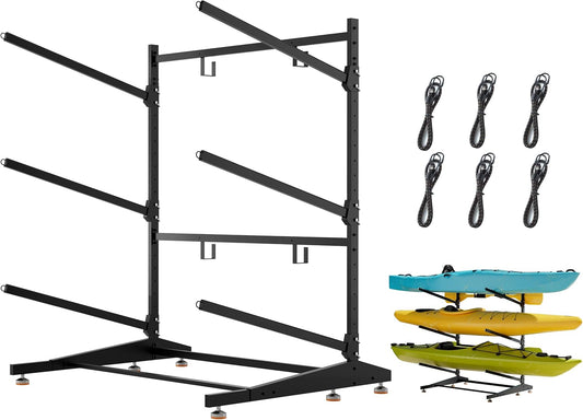 Kayak Storage Rack, Adjustable Outdoor Canoe Rack, Reinforced, Thickened, and and Enhanced Rust Resistance, Holds 330 lbs, for Safe Dock and Outdoor Kayak Storage(3-Tier, Black)
