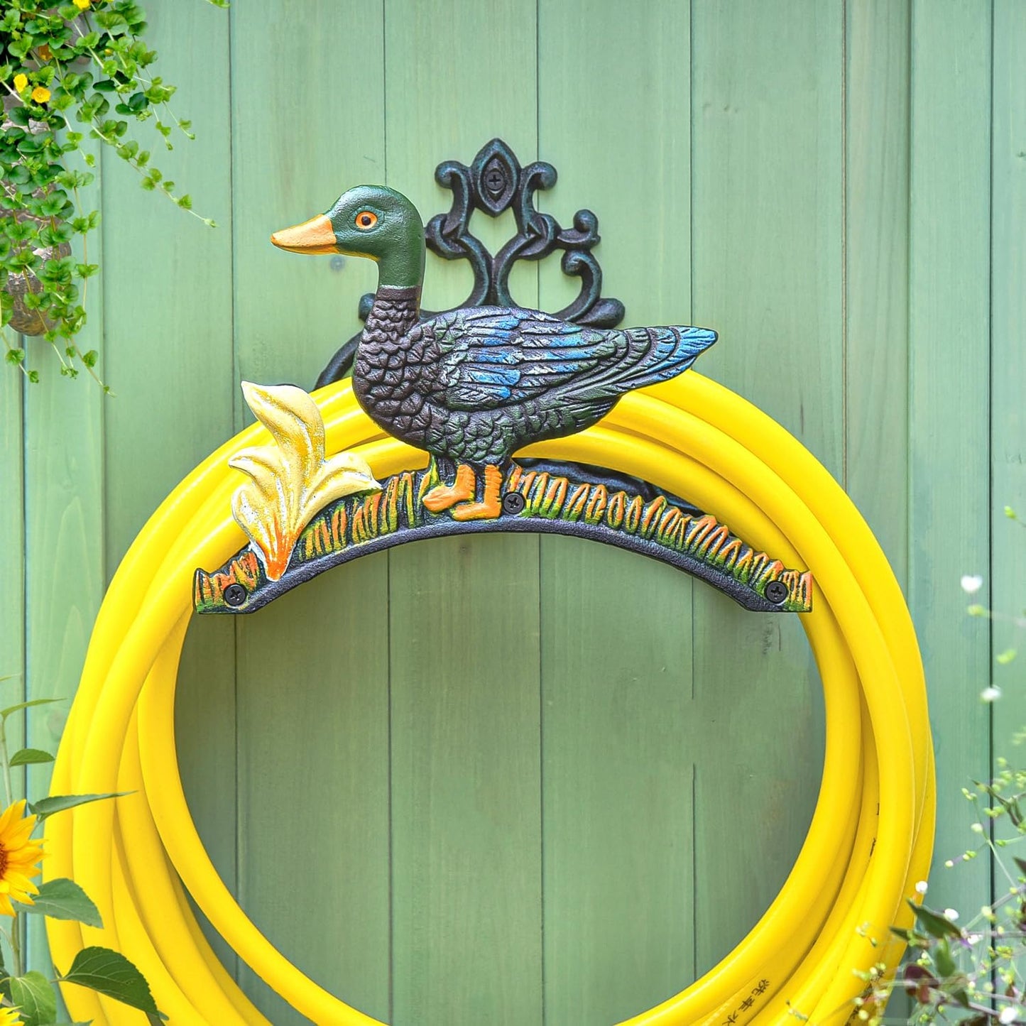 Sungmor Heavy Duty Cast Iron Garden Hose Holder | Water Hose Hanger Wall Mounted | Decorative Indoor Outdoor Hose Rack Reel | 50FT 75FT 100FT Water Hose Bulter Storage | Lovely Duck Metal Hose Stand