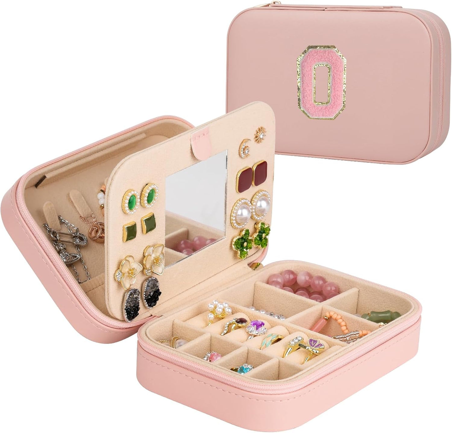 TopPerfekt Travel Jewelry Case Travel Jewelry Box With Mirror, Jewelry Organizer Bridal Shower Gifts To Her, Earring Travel Case, Trendy Gift for Women and Girls (O, Pink)