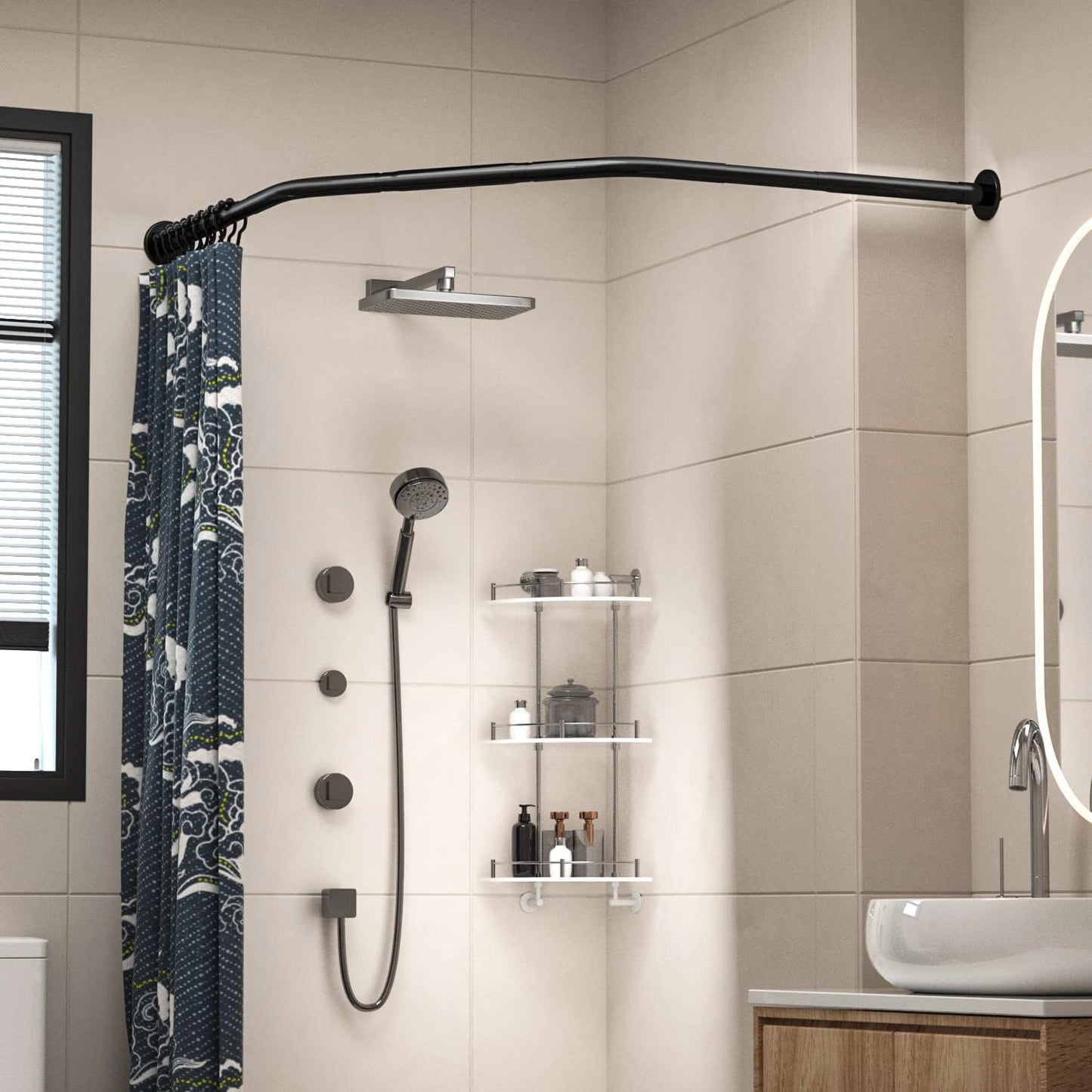 Corner Shower Curtain Rod Adjustable Stainless Steel Diamond Shaped Rack Drill Free Install for Bathroom, Bathtub, Clothing Store (Black Diamond Shaped, Both Sides: 17"-25.6",Middle:20"-26)