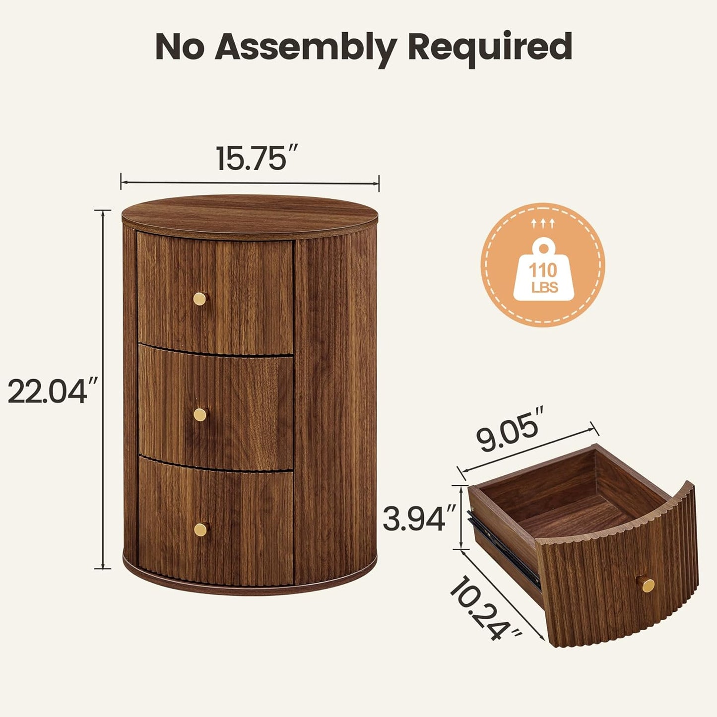 Fully Assembled Round End Table with 3 Storage Drawers, 15.75”Mid Century Side Table for Living Room, 3 Drawers Nightstand for Bedroom, Circle Sofa Bedside Table (Walnut-1 pc)