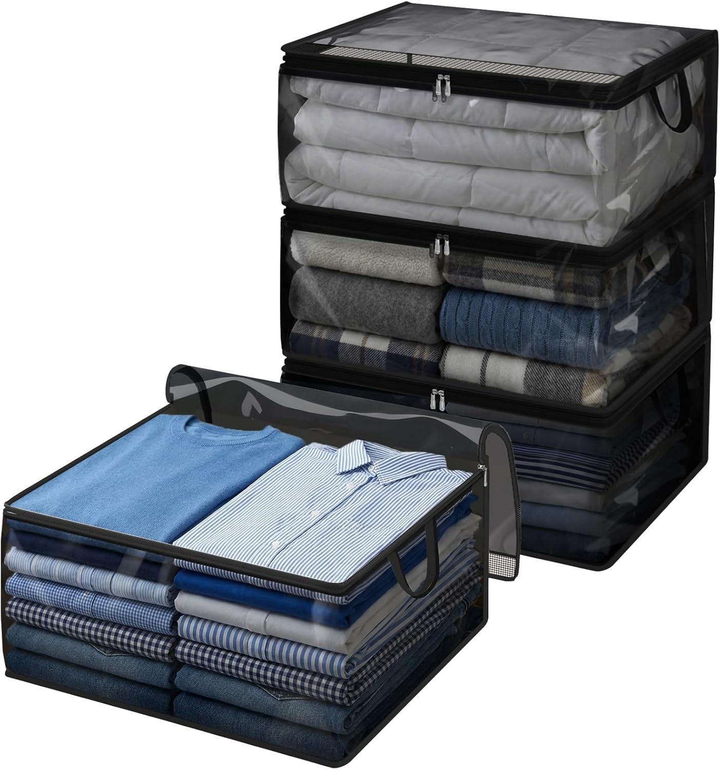 Fixwal 80L Large Storage Bags 4 Pack Clothes Storage Bins Foldable Thick Blanket Storage Closet Organizers Storage Containers with Reinforced Handle for Clothing, Blanket, Comforters(Black, PVC)