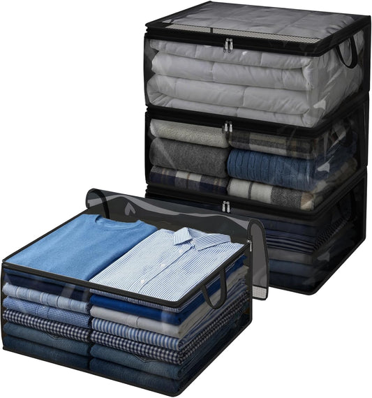 Fixwal 80L Large Storage Bags 4 Pack Clothes Storage Bins Foldable Thick Blanket Storage Closet Organizers Storage Containers with Reinforced Handle for Clothing, Blanket, Comforters(Black, PVC)
