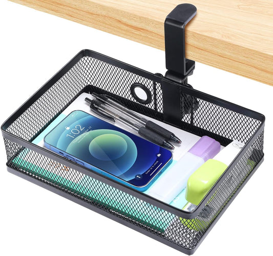 ROSLINE Under Desk Storage Organizer, Clamp on Drawer Basket, Hanging Storage, Mount Tray, Suitable for Multiple Scenes (Black)
