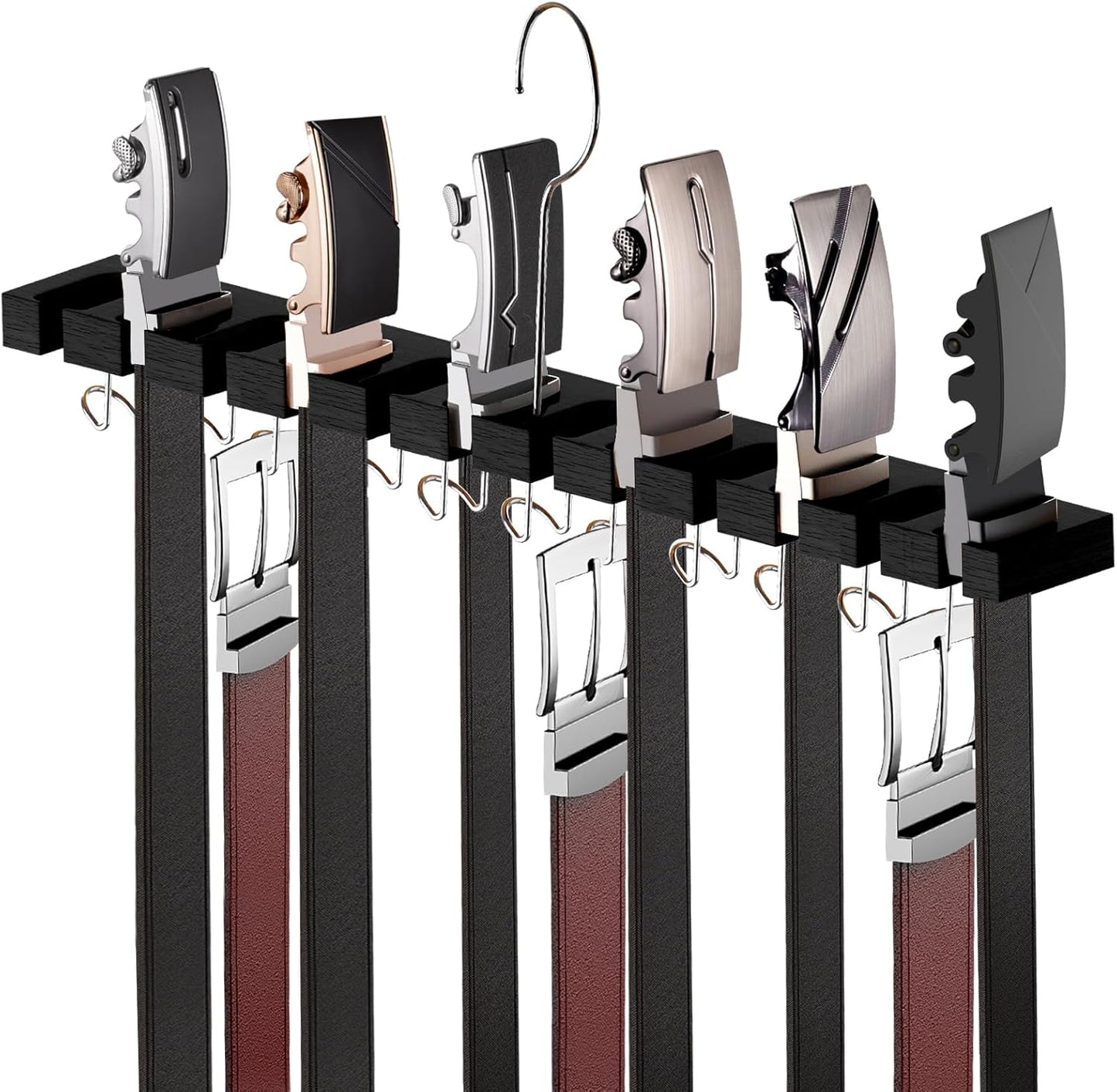 Belt Hanger for Closet Max 42 Belts, 2-in-1 Wall Mount Belt Organizer with 360° Rotating Hooks, Wooden Tie and Belt Rack for Closet Accessories Organizers and Storage, Black