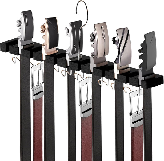 Belt Hanger for Closet Max 42 Belts, 2-in-1 Wall Mount Belt Organizer with 360° Rotating Hooks, Wooden Tie and Belt Rack for Closet Accessories Organizers and Storage, Black