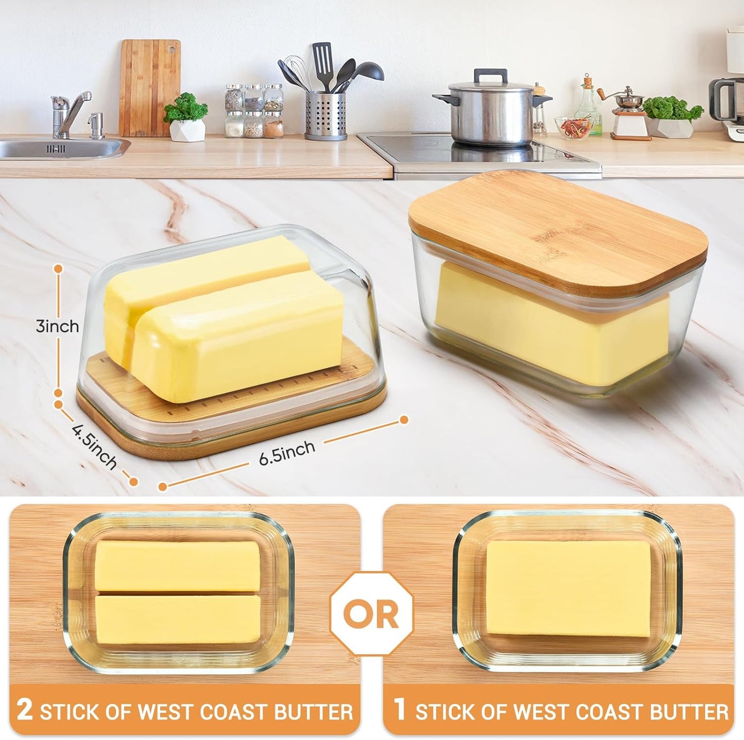 Butter Dish With Glass Lid - Airtight Seal for Freshness, Large Butter Dish for East and West Coast Butter, Ideal for Countertop and Refrigerator Storage, Premium Glass Butter Keeper