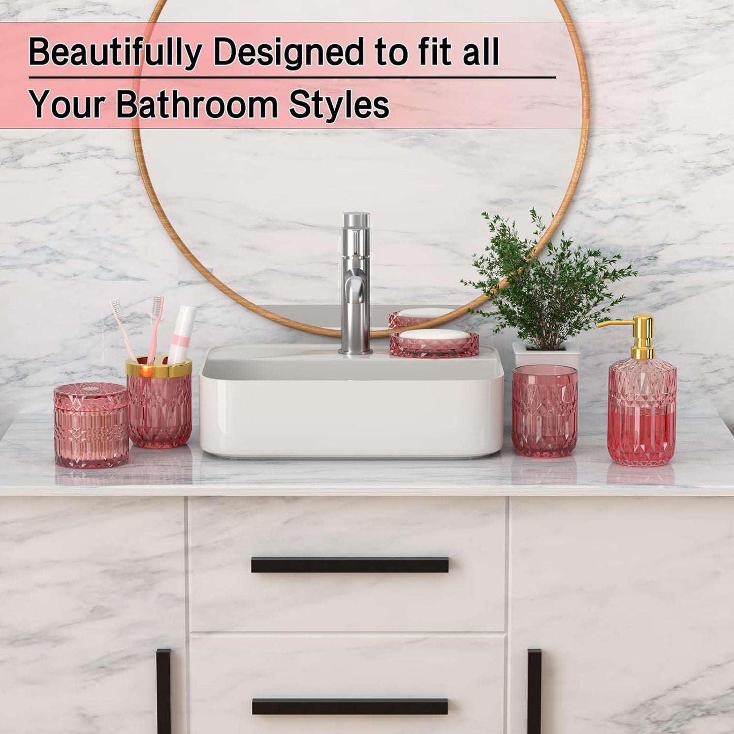New Pink Bathroom Accessories Set, 5 Pcs Clear Glass Bathroom Accessories Sets with Lotion Soap Dispenser, Soap Dish, Toothbrush Holder, Bathroom Tumbler, Cotton Swab Jars, Perfect for Bathroom Decor