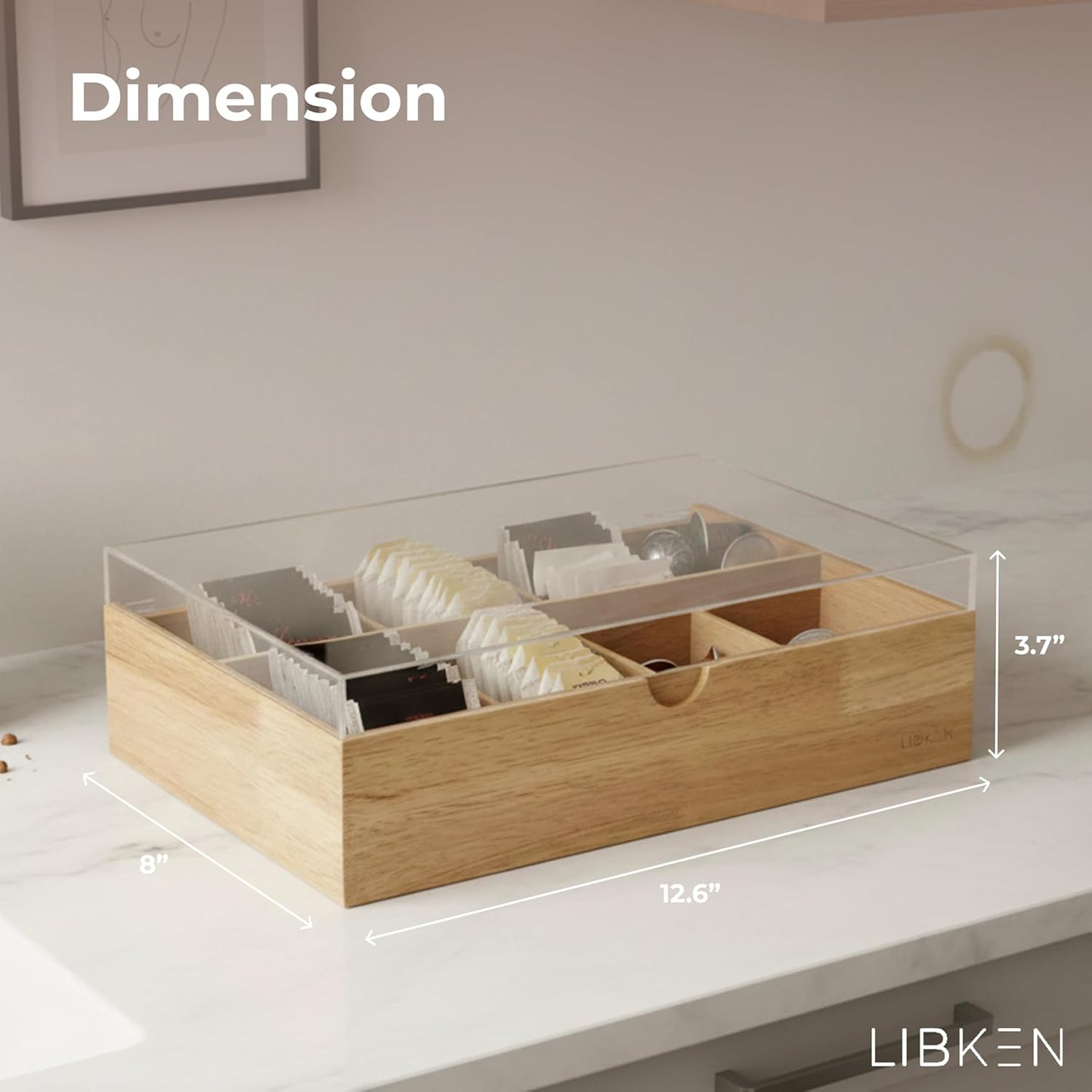 Wooden Tea Bag Organizer Box – 8 Compartment Tea Storage with Clear Lid – Minimalist Scandinavian Design – Versatile Wooden Tea Box for Tea Bags, Jewelry, Crafts, Office & Countertop Storage