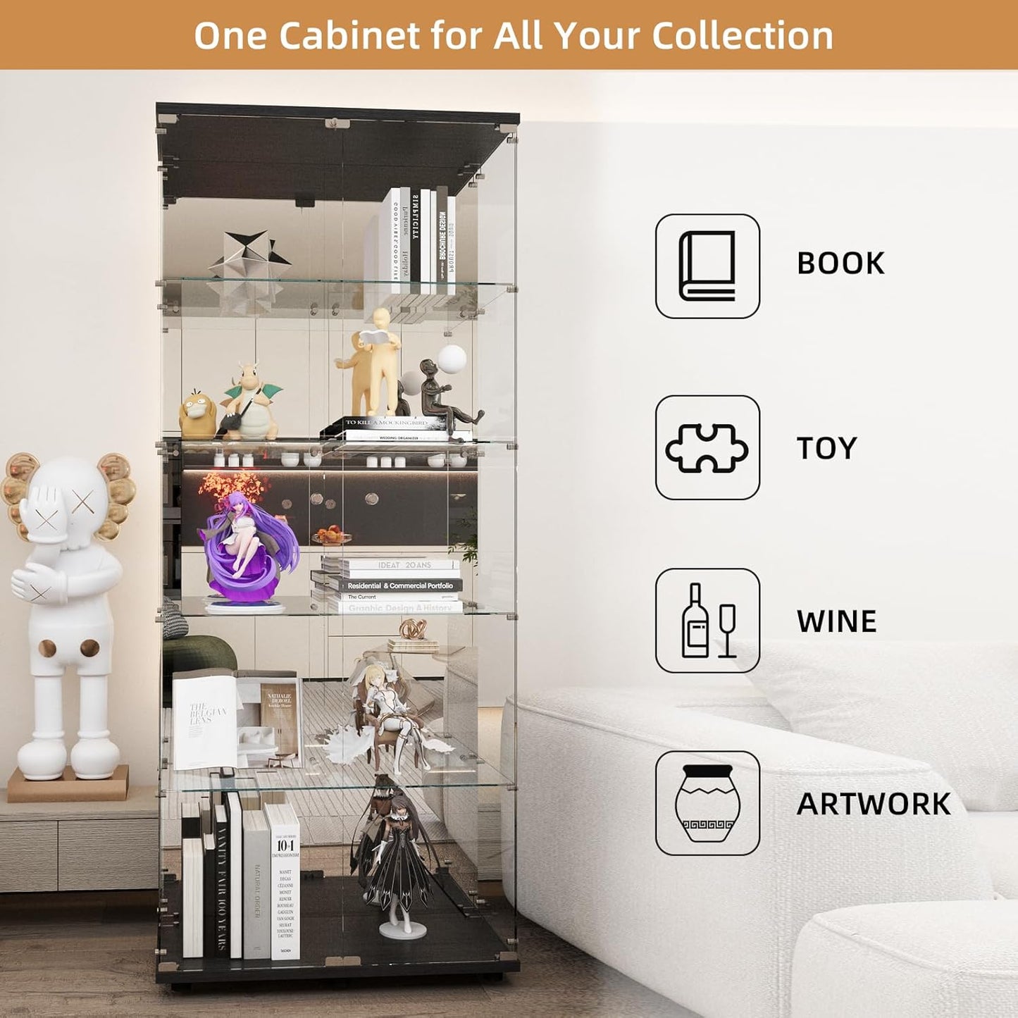 Beauty4U Glass Display Cabinet with Mirror Back Panel, 5 Shelves with 2 Doors, Curio Cabinets for Living Room, Bedroom, Office, Black Floor Standing Glass Bookshelf, Quick Installation