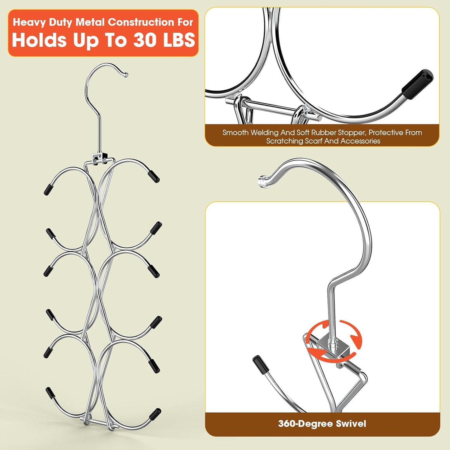 Scarf Hanger 12 Storages,Scarf Organizer with 360 Swivel Hook,Legging Organizer for Closet,Closet Organizer for Scarves, Shawl,Belt,Purse & Baseball Cap