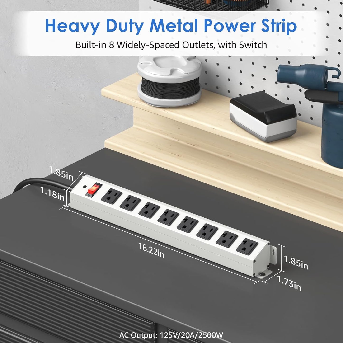CCCEI Corner Mount Angle Power Strip, Under Cabinet Heavy Duty 8 Outlets Power Strip 20Amp, Metal Underneath Desk Plug Surge Protector, Wall Mountable, for Garage, Shop, Kitchen. 6FT Extension Cord.