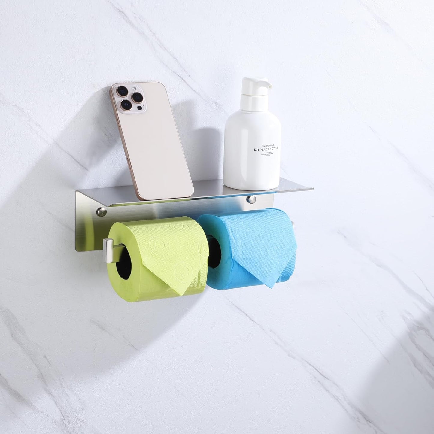 LANC Double Roll Tissue Holder with Shelf, Brushed Nickel Commercial Toilet Paper Dispenser with Phone Shelf for Bathroom Wall Mounted or 3M Self-Adhesive Stainless Steel, A8377BN